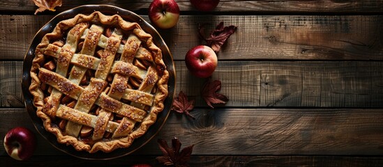 Poster - A delicious homemade apple pie on a rustic wooden table with a cozy atmosphere and evocative copy space image