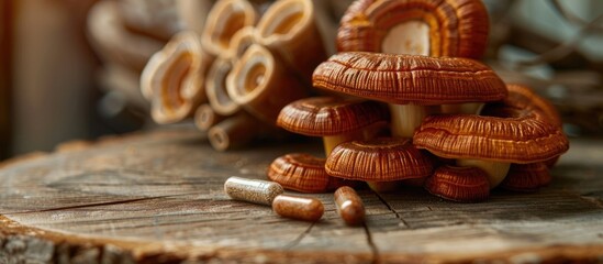 Poster - Close up of Ling zhi and Ganoderma lucidum mushrooms with a capsule on a wooden table with a blank background for copy space image
