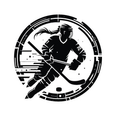 Wall Mural - Hockey  female player in cyberpunk pattern illustration, emblem shield badge