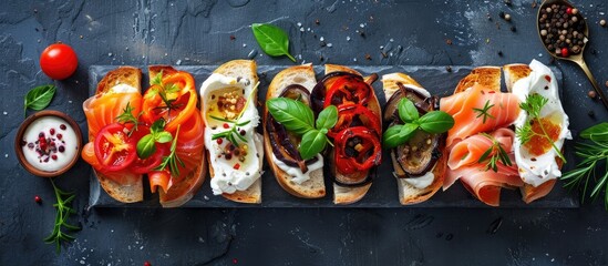 Aufkleber - A display of healthy open sandwiches featuring salted salmon sun dried tomato grilled aubergine Bulgarian pepper and cream cheese on a stone table ideal for vegetarians Top view with copy space image