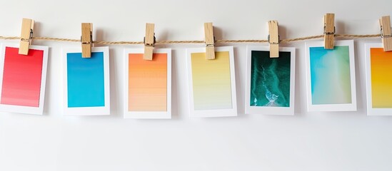 Leinwandbilder - Photo cards displayed on wooden hangers against a white background with copy space image