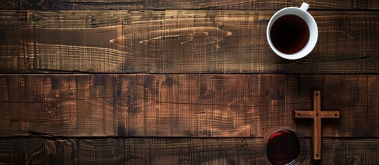 Aufkleber - Bible cross and wine cup on a dark wooden backdrop with copy space image