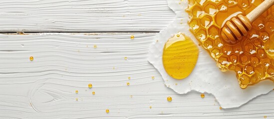 Poster - A dollop of honey showcased on a bright white wooden surface with empty space for custom text or image. Creative banner. Copyspace image