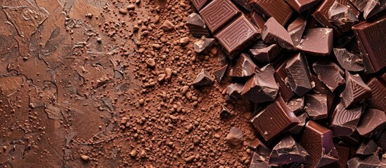 Poster - Cocoa dusted chopped chocolate with copy space image available