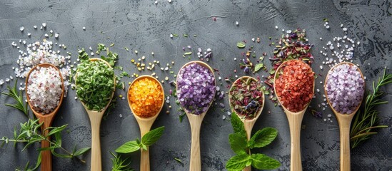 Poster - Top down frame with colorful spa salt filled spoons featuring herbs on a grey background allowing for a copy space image to be added