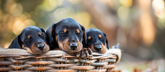 Poster - Doberman puppies resting peacefully in a basket creating a charming scene with a copy space image