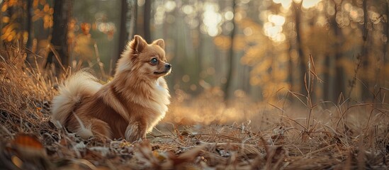 Poster - Adorable pomeranian dog captured in a portrait in an outdoor setting with copy space image available