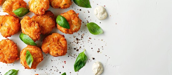 Aufkleber - Chicken nuggets topped with creamy white sauce and fresh basil leaves arranged neatly against a white backdrop providing ample copy space image