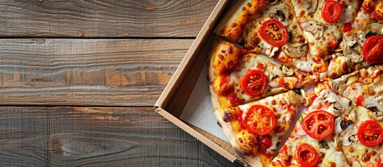 Poster - Chicken tomato pepper cheese and sauce pizza in a box viewed from above with a horizontal orientation and space for text or images. Creative banner. Copyspace image