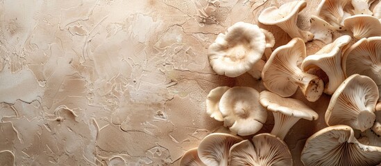 Aufkleber - Beige background with fresh oyster mushrooms providing copy space image
