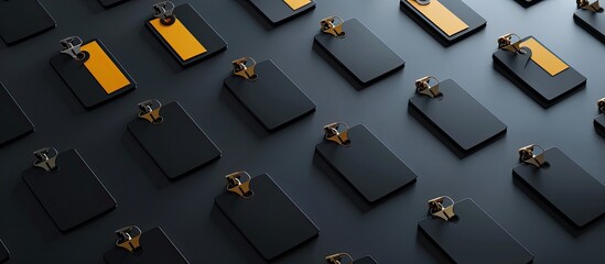 Poster - A collection of badge mockups ID name tags and lanyard cards displayed on a dark backdrop with copy space image