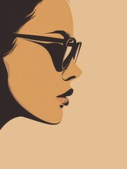 Poster - A stylized, black and white illustration of a woman's profile, featuring sunglasses and a subtle smile. Generative AI