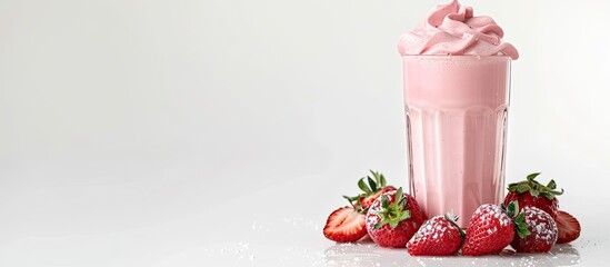 Aufkleber - A delicious pink beverage made from strawberries and milk displayed on a white backdrop providing a clear view of the drink perfect for a copy space image