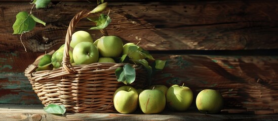 Aufkleber - A basket filled with fresh green apples from the garden is placed in front of a wooden wall providing ample copy space for your text