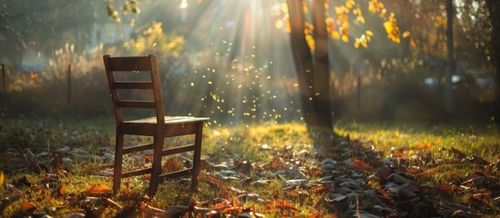 Wall Mural - autumn sunlight illuminates a wooden chair in a serene setting with a potentially stunning copy spac