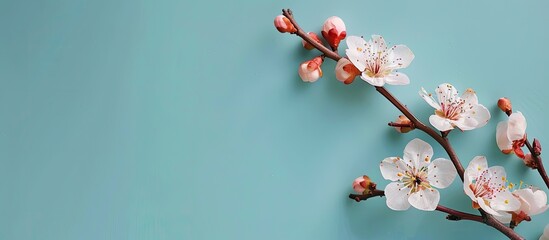 Aufkleber - Blooming apricot flowers against a blue backdrop with copy space image