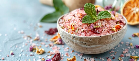 Poster - A detailed photo showcasing homemade bath salts adorned with dried fruit and flower petals within a copy space image
