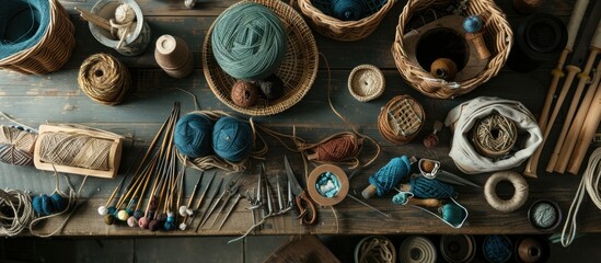 Poster - A bird s eye view of a needlework setup including needles threads and baskets for organization perfect for hobbies like knitting and needlework with copy space image