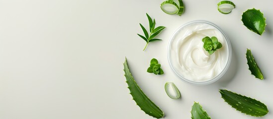 Aufkleber - Top down view of organic cream with aloe set against a white backdrop in a copy space image