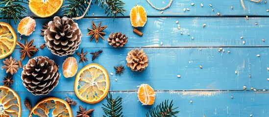 Aufkleber - Christmas themed flat lay featuring handmade decorations like pine cones and dried oranges on a blue wooden backdrop with copy space image