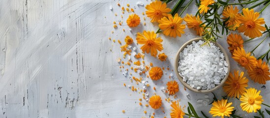 Poster - Calendula medical cream and bath salt displayed against a gray canvas with white wood background providing a serene copy space image