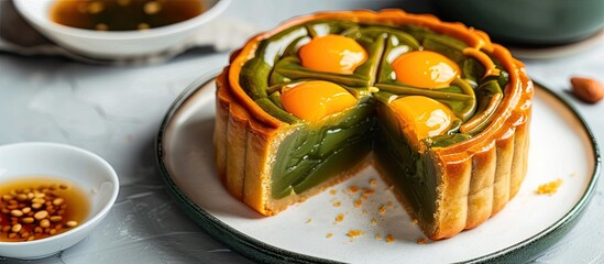 Poster - Classic moon cake with a filling of green beans and salted eggs shown in a copy space image