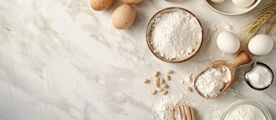 Aufkleber - Bakery ingredients like flour eggs and milk displayed in a top view with ample copy space image