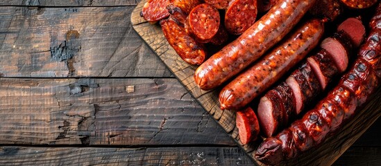 Canvas Print - An assortment of smoked sausage made from pork and beef lies as an appetizing snack on a rustic tabletop with copy space perfect for a meal or food background