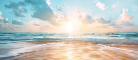 Poster - Blurred beach with sunlight and blue sky suitable as a copy space image for summer vacation and business travel ideas
