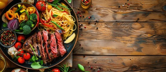 Aufkleber - A delectable plate featuring marbled beef steak fresh veggies and Italian spaghetti on a roasting board over a wooden backdrop for menu designs with copy space image