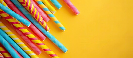 Poster - A vibrant display of paper straws on a bright yellow backdrop with a space for text or design. Creative banner. Copyspace image