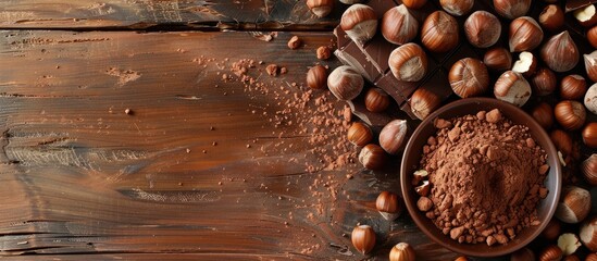 Poster - Delicious milk chocolate topped with cocoa powder and hazelnuts on a wooden backdrop with copy space image