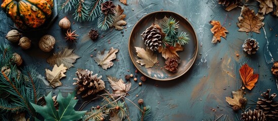 Aufkleber - Autumn themed arrangement with dried leaves and various decor elements on a table presented in a top view flat lay style with copy space image