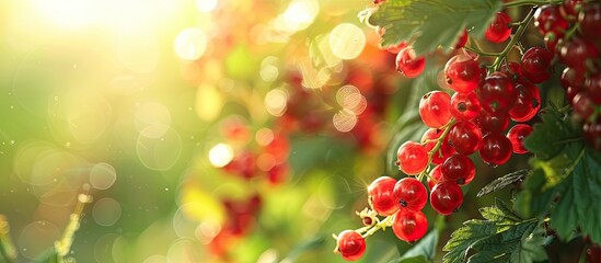 Aufkleber - Close up of ripe red currant berries on a bush with a copy space image