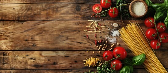 Poster - Cooking ingredients like pasta tomatoes and herbs beautifully arranged on a wooden table in a top down flat lay style with copy space image
