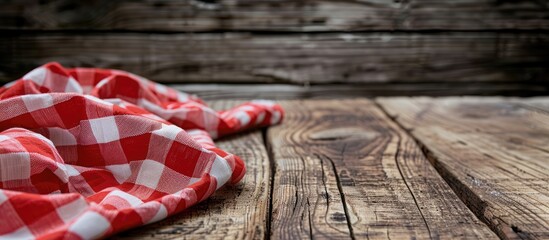 Poster - Checkered red tablecloth on a wooden table with copy space image