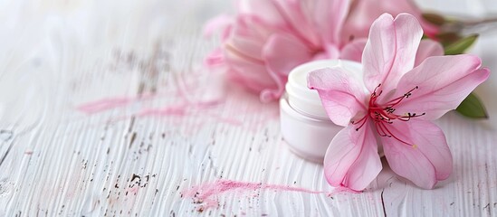 Poster - A cosmetic cream displayed on a white wood table with a delicate pink flower and ample copy space image