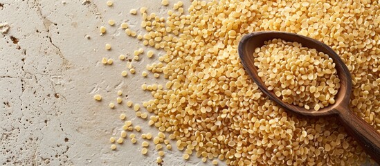 Aufkleber - Top view of crushed raw bulgur grain on a food background with copy space image perfect for a menu concept focused on organic healthy eating suitable for keto or paleo diets