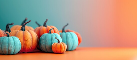Poster - Diverse colored pumpkins set against a 3D blue and orange background with copy space image embodying a minimalist autumn abstract theme with selective focus