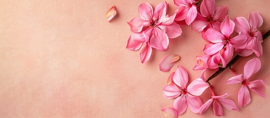 Poster - Top view photo of a composition of pink flowers on a simple background with ample copy space image
