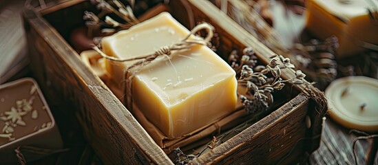 Poster - Artisan soap displayed in a vintage box with copy space image
