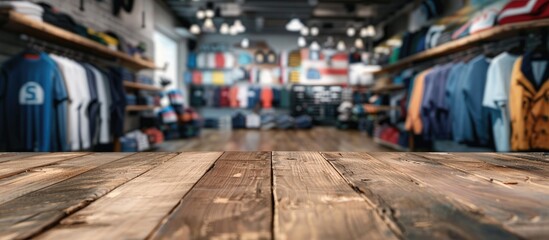 Leinwandbilder - Brown wooden table with blurred Sports clothing store in the background perfect copy space image for showcasing products