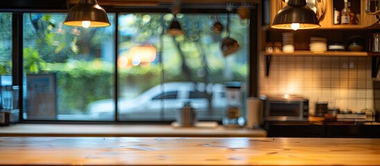 Aufkleber - Contemporary well lit kitchen with a blurred background featuring a designated area on the right for a copy space image or a model