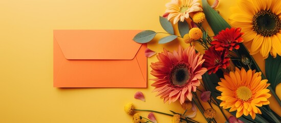 Fototapete - Aerial view of an empty orange card alongside sunflower gerbera and lily flowers on a yellow background with copy space image
