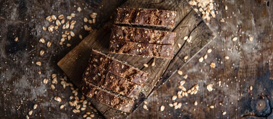 Poster - Chunks of seeded brown bread are sliced on a rustic wooden surface providing a picturesque backdrop for a copy space image