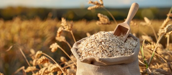 Poster - Bag of raw oatmeal and a wooden scoop on a table with a ripe cereal field in the background providing a serene copy space image