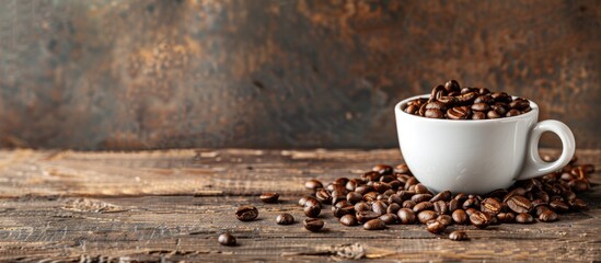 Canvas Print - Coffee cup with beans on rustic table with dark background perfect as a copy space image