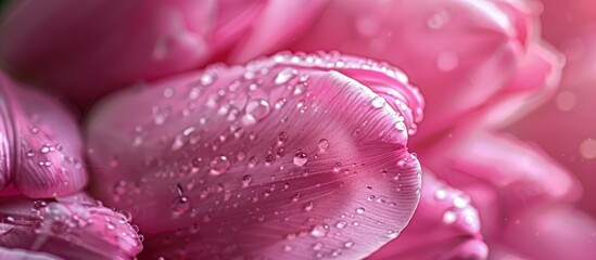 Fototapete - Close up image of pink tulip petals with water droplets on a natural background providing ample copy space
