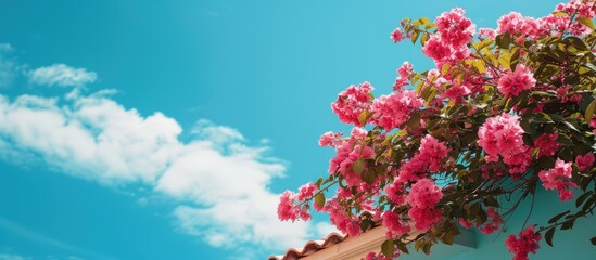 Canvas Print - Blue sky serves as the background for a picturesque pink flower bush by a roof offering ample space for additional elements in the image