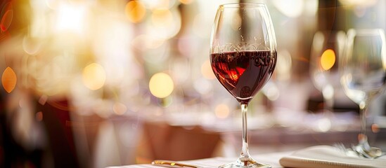 Poster - Blurry background with copy space image featuring a glass of red wine and elegant tableware set against a formal restaurant setting for a lunch meal